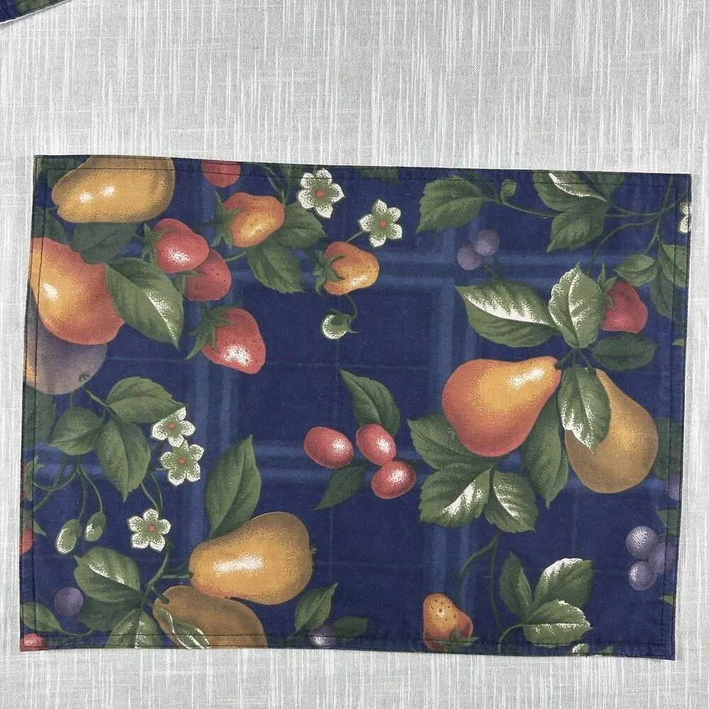 Vintage Handmade Placemats Set Of 4 Cranston Fruit Fabric Handmade MCM Blue